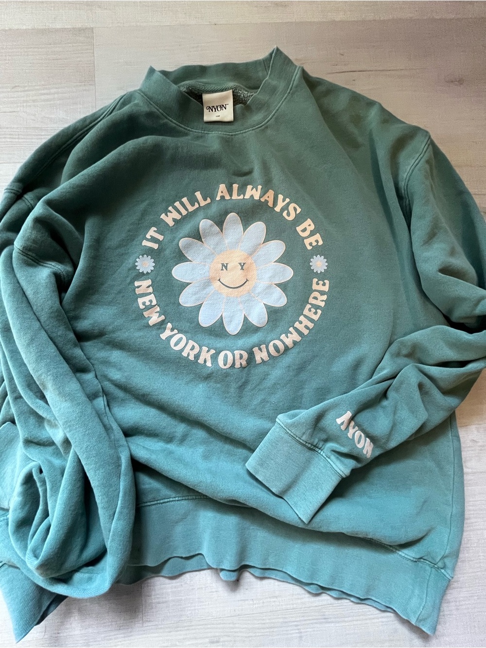 New York or Nowhere Teal Crewneck Sweatshirt with Daisy Graphic